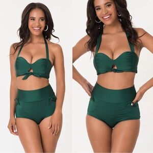 Unique Vintage • emerald green bikini swimsuit high waisted retro halter neck